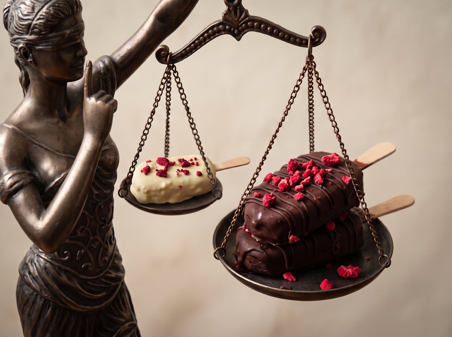 Estátua da justiça com gelados de chocolate branco e negro na balança